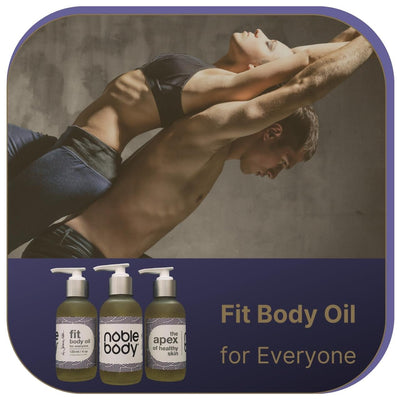 Noble Body's Fit Body Oil. Clickable image of attractive, fit couple in athletic pose. Includes images of product. Image redirects to the product page.