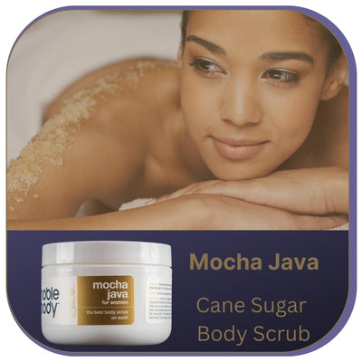 Noble Body Mocha Java Cane Sugar Body Scrub. Close-up image of a beautiful woman on a beach and the product container. Clickable image that redirects to the product page.