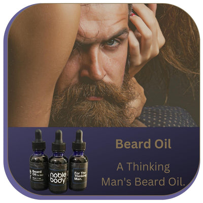 Noble Body A Thinking Man's Beard Oil. Image of a handsome bearded man and the product container. Clickable image that redirects to the product page.