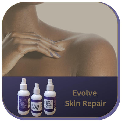 Noble Body Evolve Skin Repair. Image of an attractive woman's hand, shoulder, and neck and the product container. Clickable image that redirects to the product page.