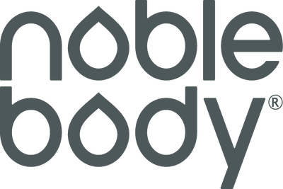 Noble Body Logo in dark grey custom font with the O's shaped as liquid droplets.