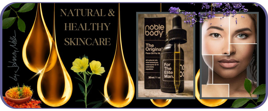 Noble Body Main Header image with golden drops, various botanicals, product images, and a face composite of multiple women. Caption reads: 