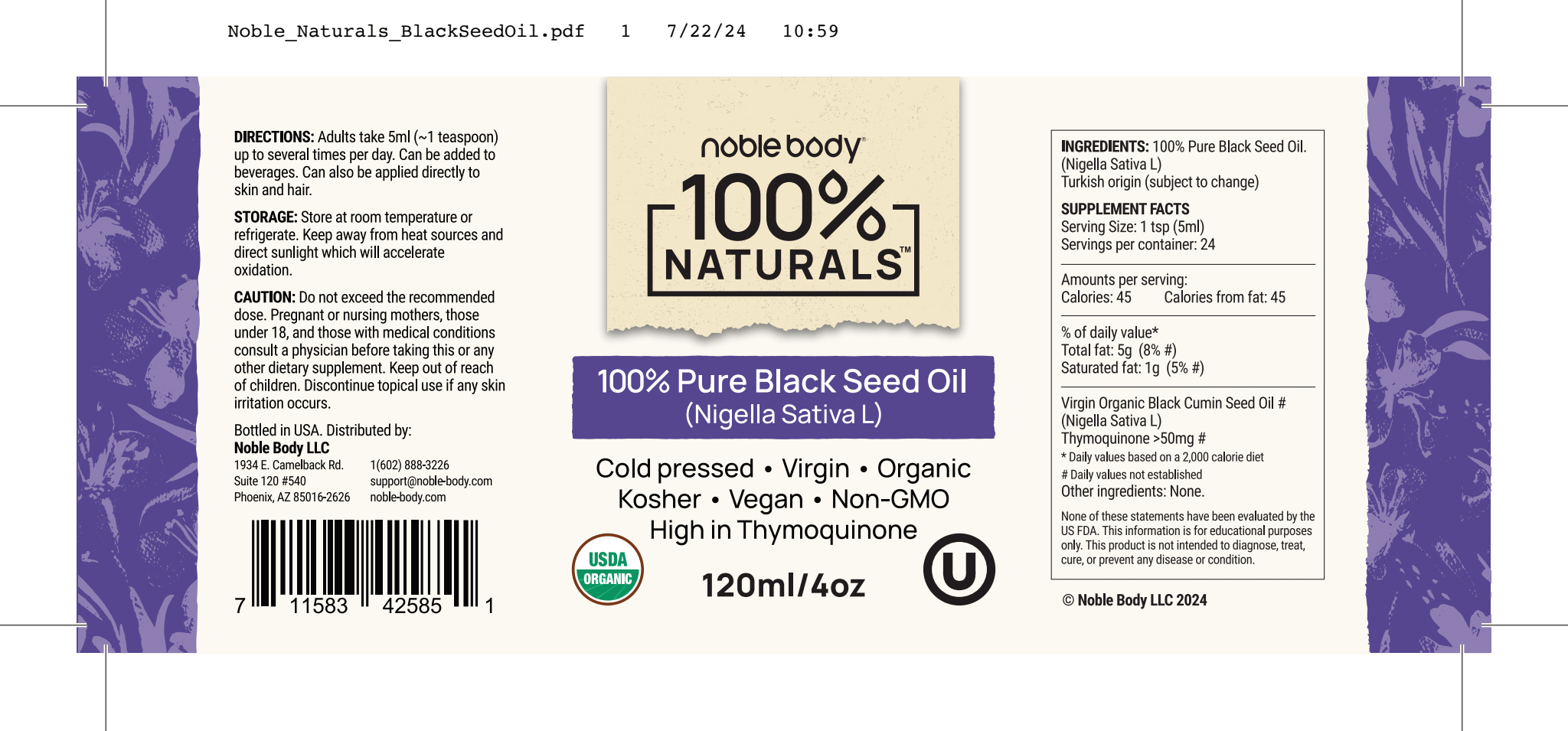 100% Pure Organic Black Seed Oil (8oz)